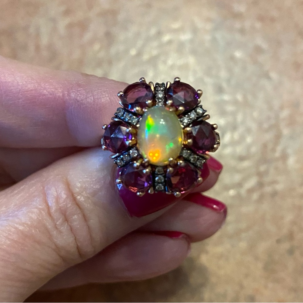 LeVian 14K Rose Gold Opal Rhodolite Garnet Chocolate Diamond Ring STUNNING‼️